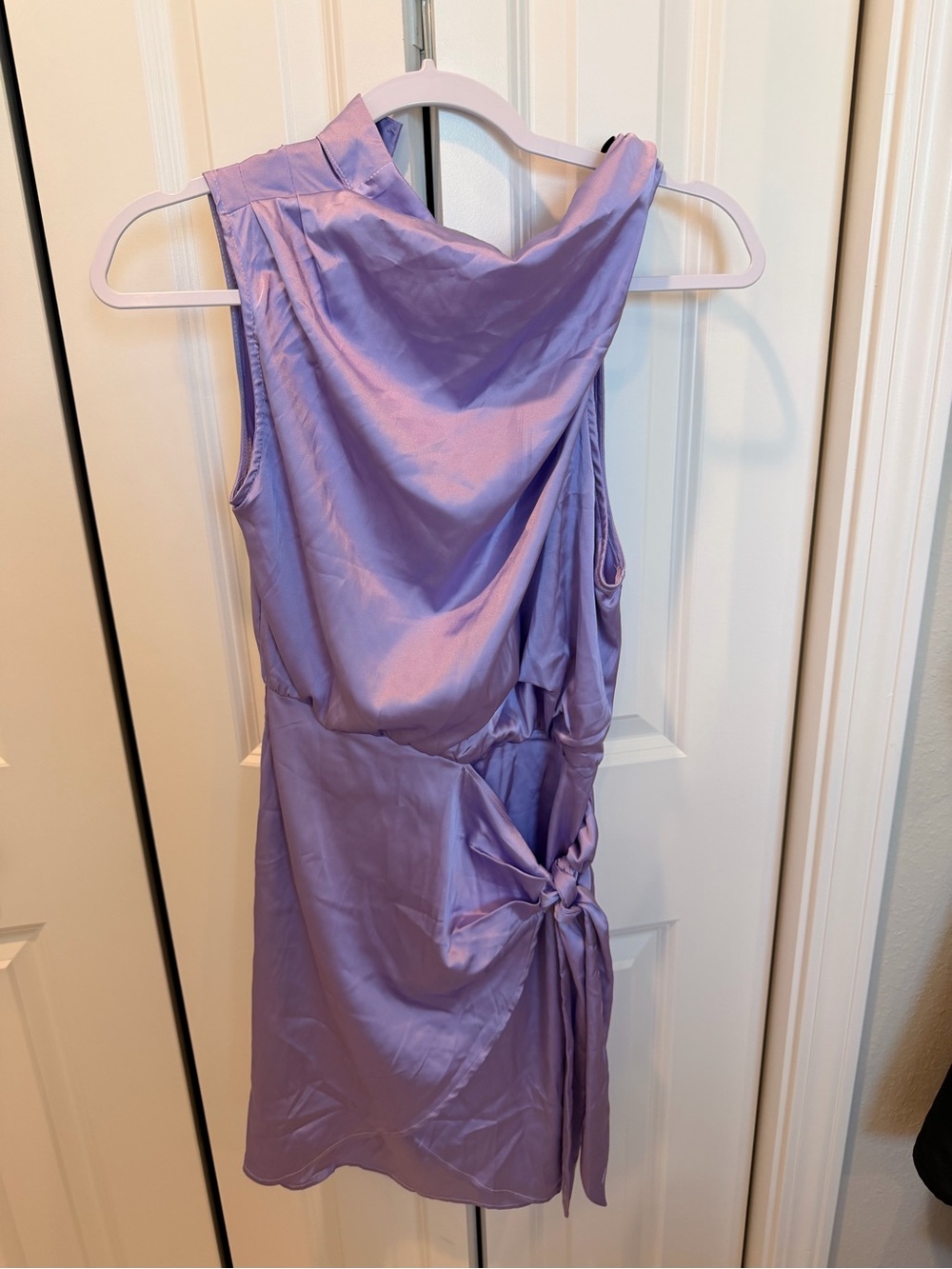 Satin Lilac Sleeveless Tie-Waist Mini Dress